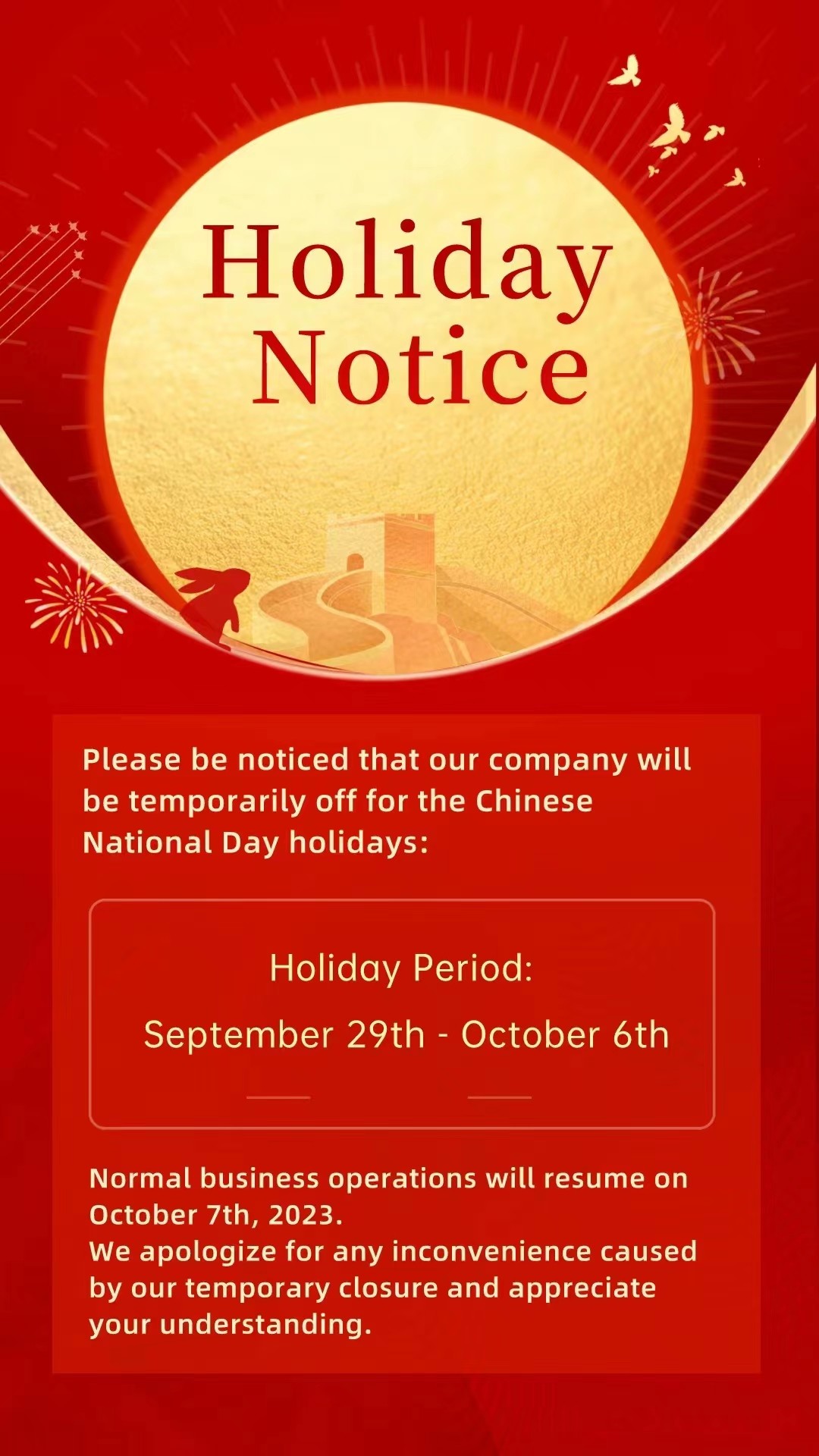 Aviso de las vacaciones del Día Nacional de China 2023