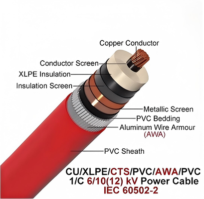 6/10kv Cables blindados de aluminio con núcleo de cobre único CU/XLPE/CTS/PVCAWA/PVC 1x630mm2 IEC60502-2